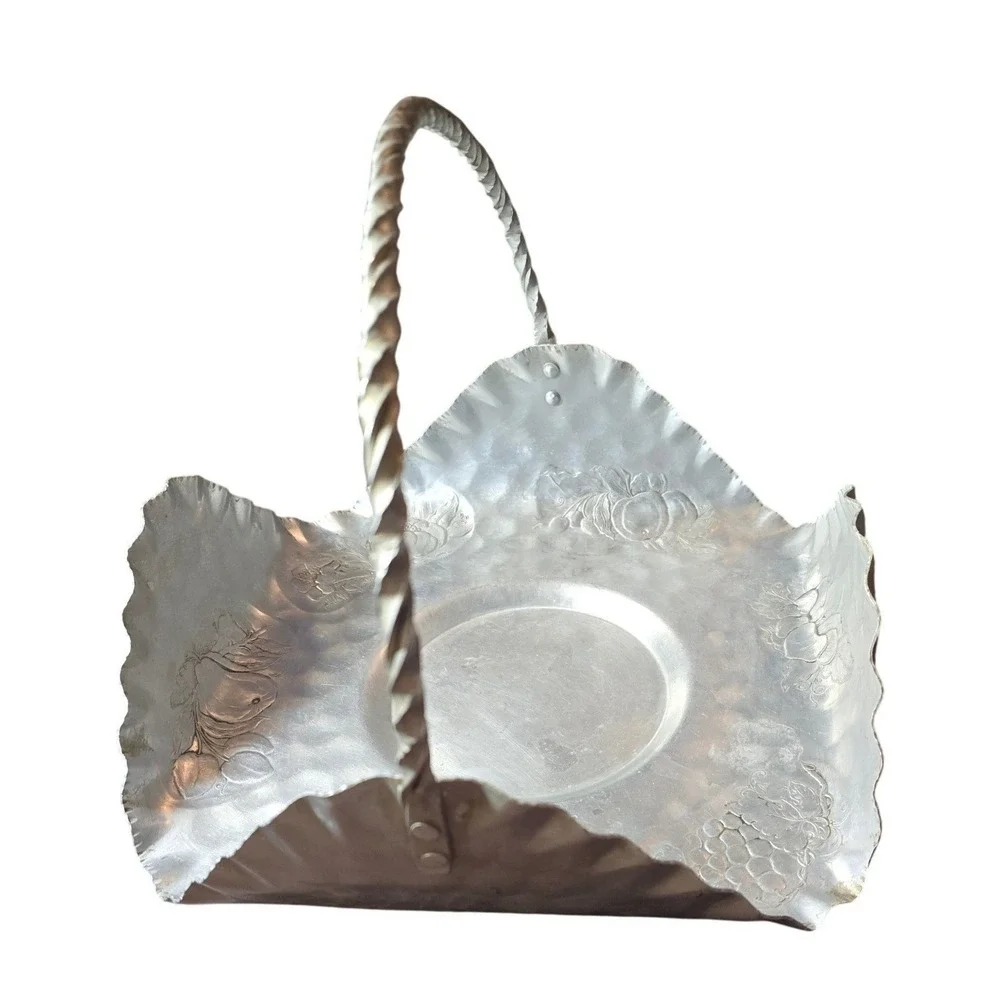 Cromwell Hand Hammered Aluminum Candy Dish Basket Fruit Floral Scalloped Vintage